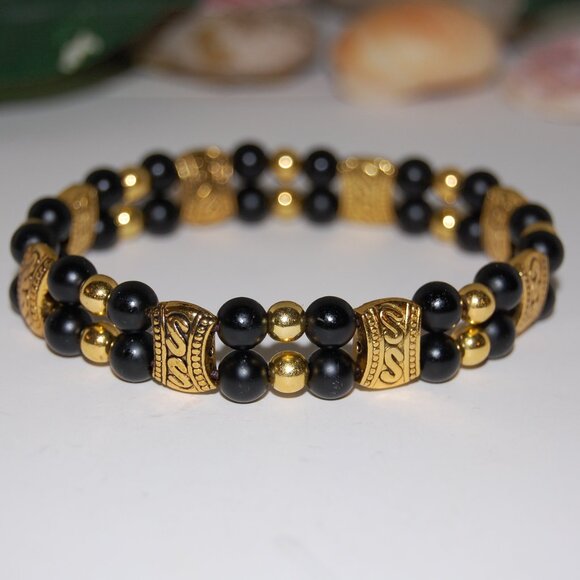Onyx Stone Bracelet,Double Beaded Bracelet,Black and Gold Bracelet - Picture 3 of 3